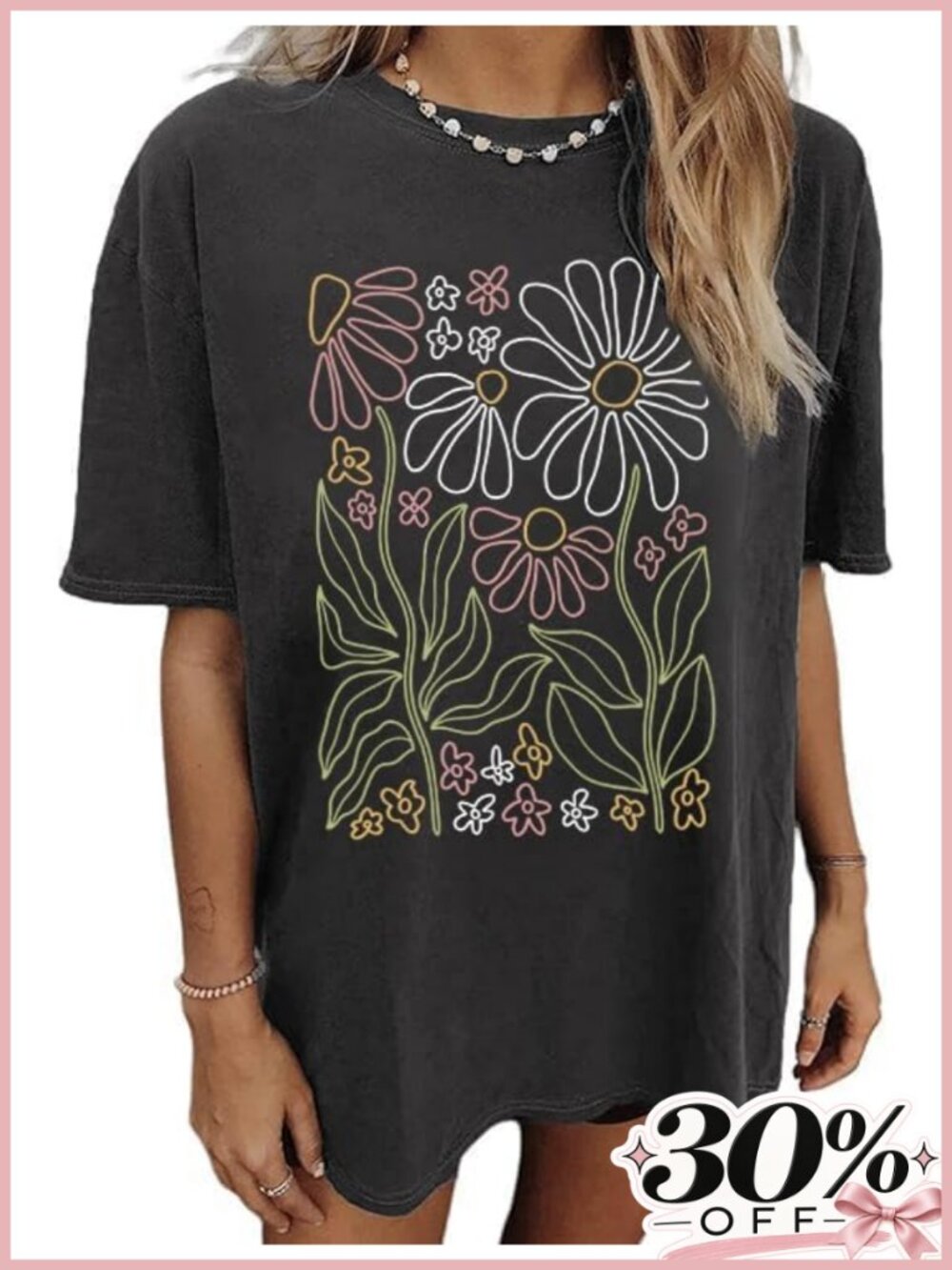 Oversized Floral Graphic T-Shirt Women Wildflower Acid Wash Cotton Tee Boho